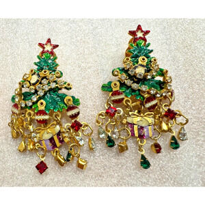 Lunch at the Ritz Christmas Tree Earrings Dangling Presents Gold Plated CLIP